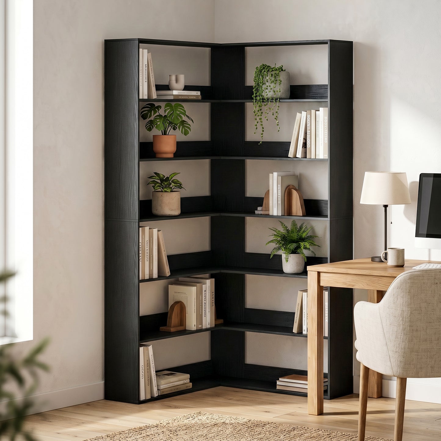 HOMCOM 7 Tiers Bookshelf, L-Shaped Corner Bookcase with Anti-Slip Rear Guard, Black Wood Effect