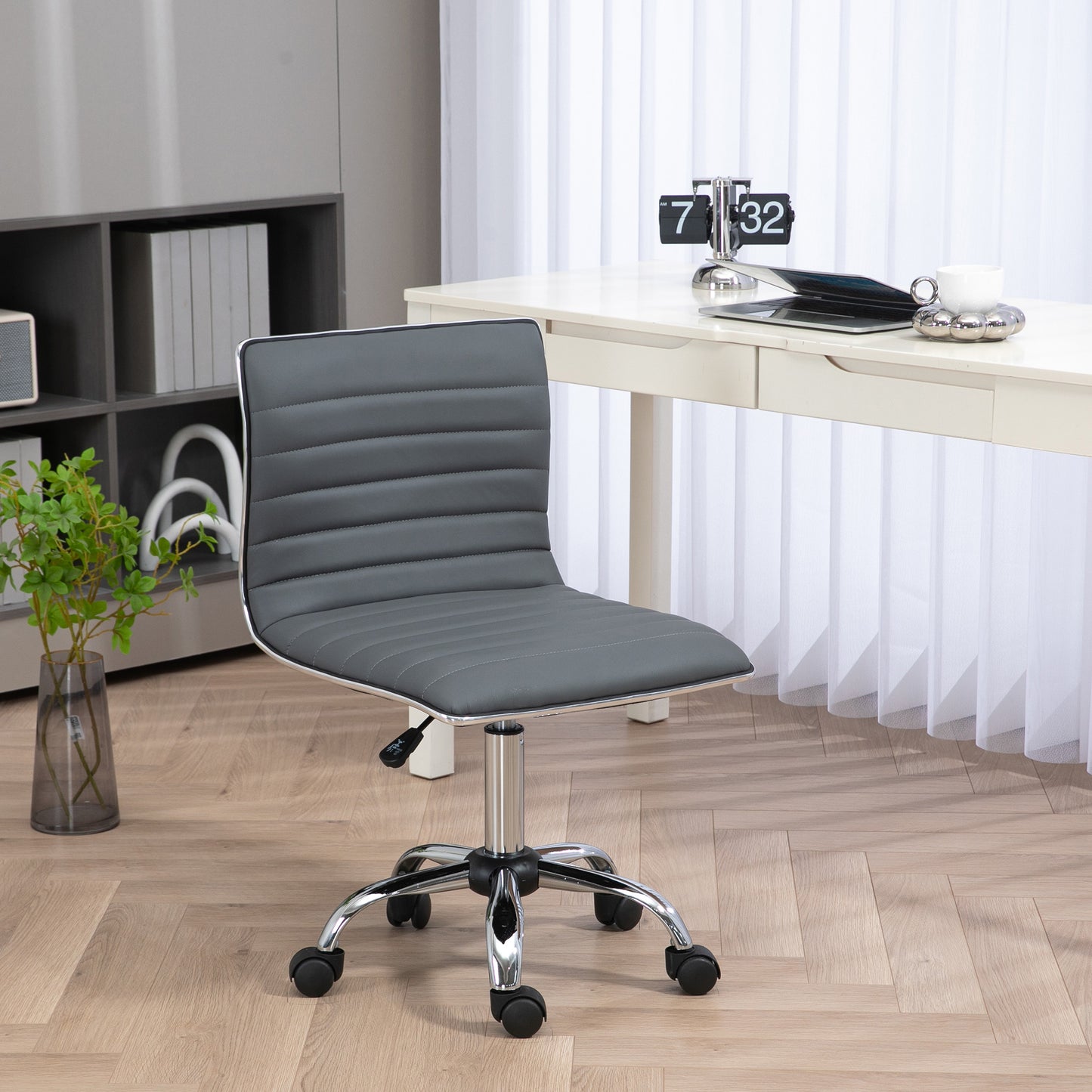 HOMCOM Armless Task Desk Chair, Swivel Office Chair with Faux Leather, Adjustable Seat Height, Chrome Base, Wheels for Home, Dark Grey