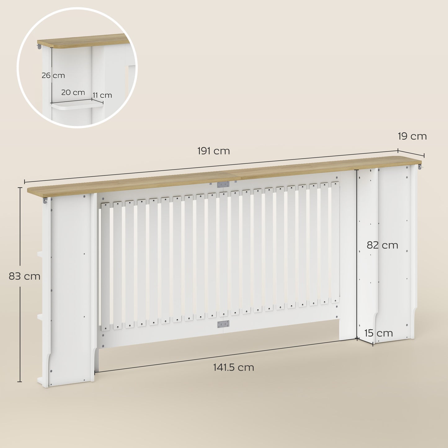 HOMCOM Radiator Cover with Open Storage Shelves, Vertical Slatted Cabinet Shelf Heater Cover for Living Room, Hallway, Extra Large, White