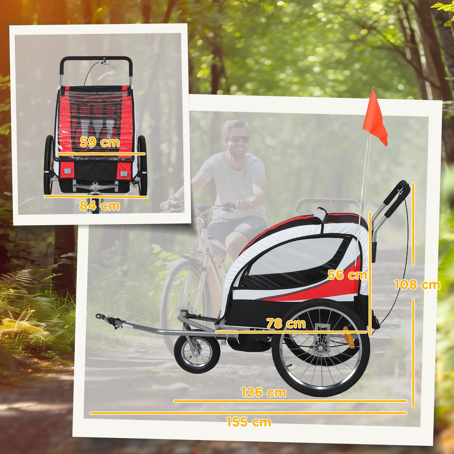 HOMCOM Baby Bike Trailer, Child Bicycle Trailer with 5 Point Harness, Steel Frame, Reflectors, Safety Flag, Hitch Coupler, Red