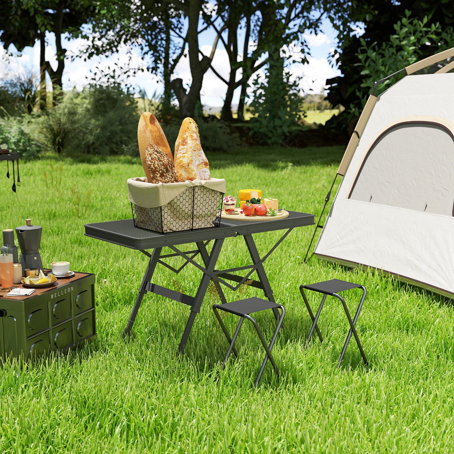 Outsunny 3 ft Folding Camping Table w/ Adjustable Heights, Portable Lightweight Outdoor Folding Picnic Table with Metal Mesh Desktop & Aluminium Legs for Picnic, Garden, Party, Black