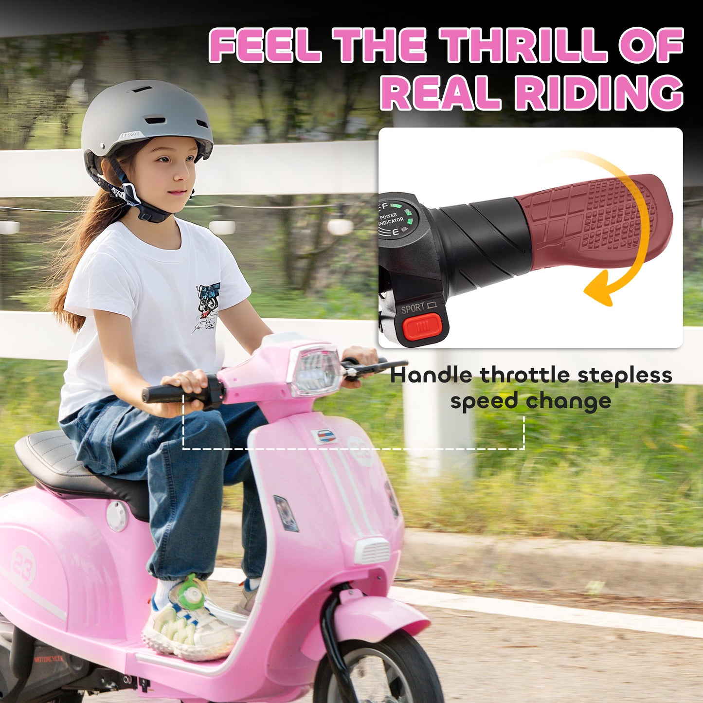 AIYAPLAY 24V Kids Electric Motorbike, Ride on Motorcycle with Manual Throttle, Brakes and LED Lights for Ages 8-12 Years, Pink