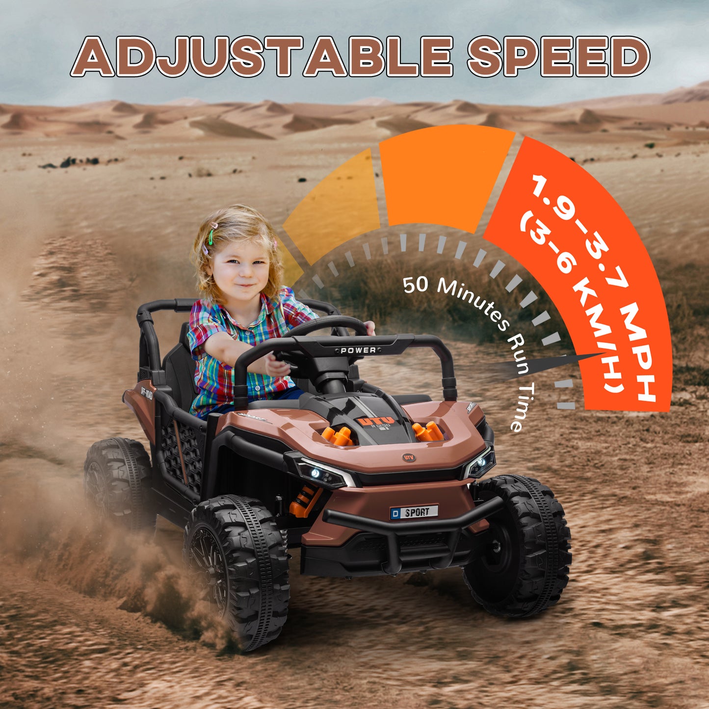 AIYAPLAY 12V Battery Powered Ride on Truck w/ Remote, Four Suspension Wheels, Horn, Lights, Music, USB, for Ages 3-5 Years, Brown