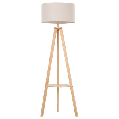 HOMCOM Tripod Floor Lamp, Freestanding Bedside Light Reading Light with Storage Shelf and Linen Shade for Living Room Bedroom, 154cm, Cream