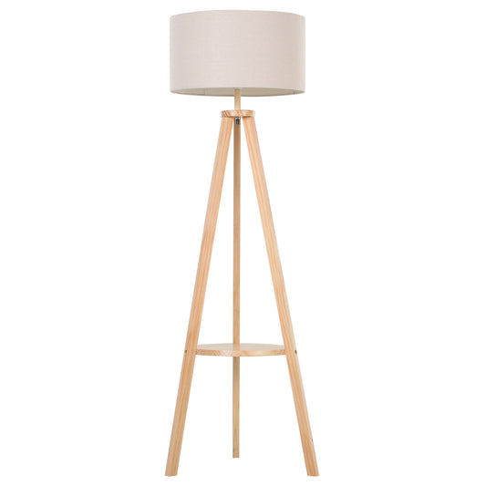 HOMCOM Tripod Floor Lamp, Freestanding Bedside Light Reading Light with Storage Shelf and Linen Shade for Living Room Bedroom, 154cm, Cream