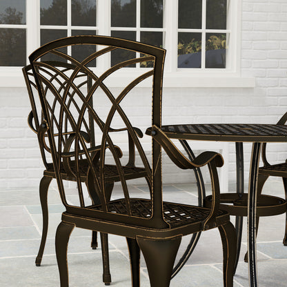 Outsunny 5 Pieces Garden Dining Set for 4, Cast Aluminium Outdoor Dining Set with 4 Armchairs and Round Dining Table with Parasol Hole, Garden Furniture Bistro Set, Bronze Tone