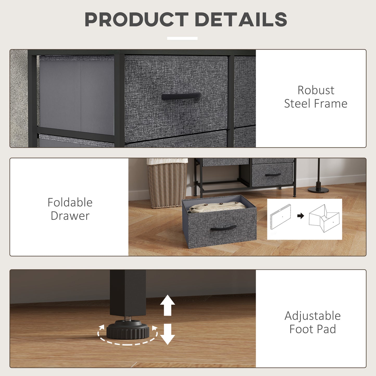 HOMCOM Fabric Chest of Drawers, Industrial Bedroom Dresser with 8 Fabric Drawers, Steel Frame and Wooden Top for Nursery, Living Room, Hallway, Black