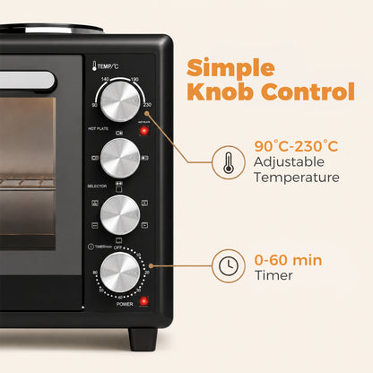 HOMCOM 46L Mini Oven with Dual Hot Plates, Electric Countertop Cooker with Convection, 90–230°C Adjustable Temperature