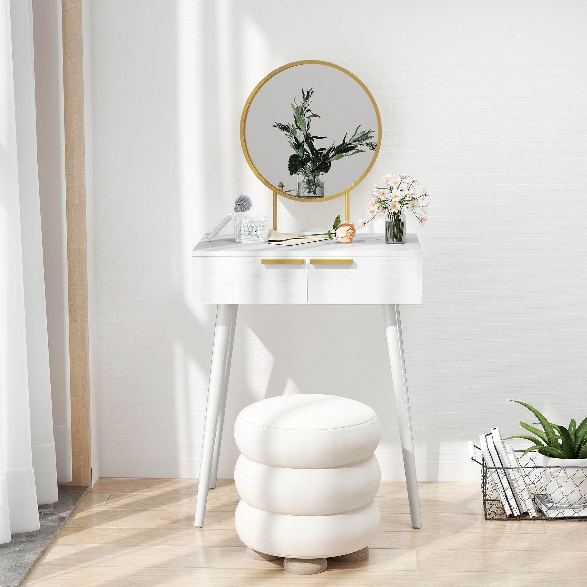 HOMCOM Elegant Dressing Table, with Round Mirror, 60 x 40 x 123 cm - White
