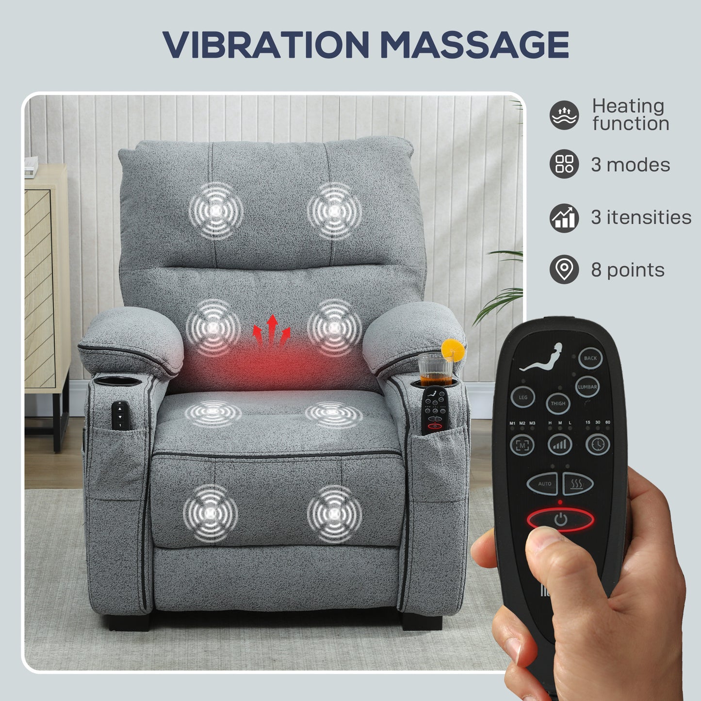 HOMCOM Electric Massage Recliner Armchair with Vibration, Heat, Whisper-Quiet Motor, Memory Function, Velvet Power Reclining Chair with Spring Pack, USB Port, Footrest, Side Pockets, Cup Holders, Grey