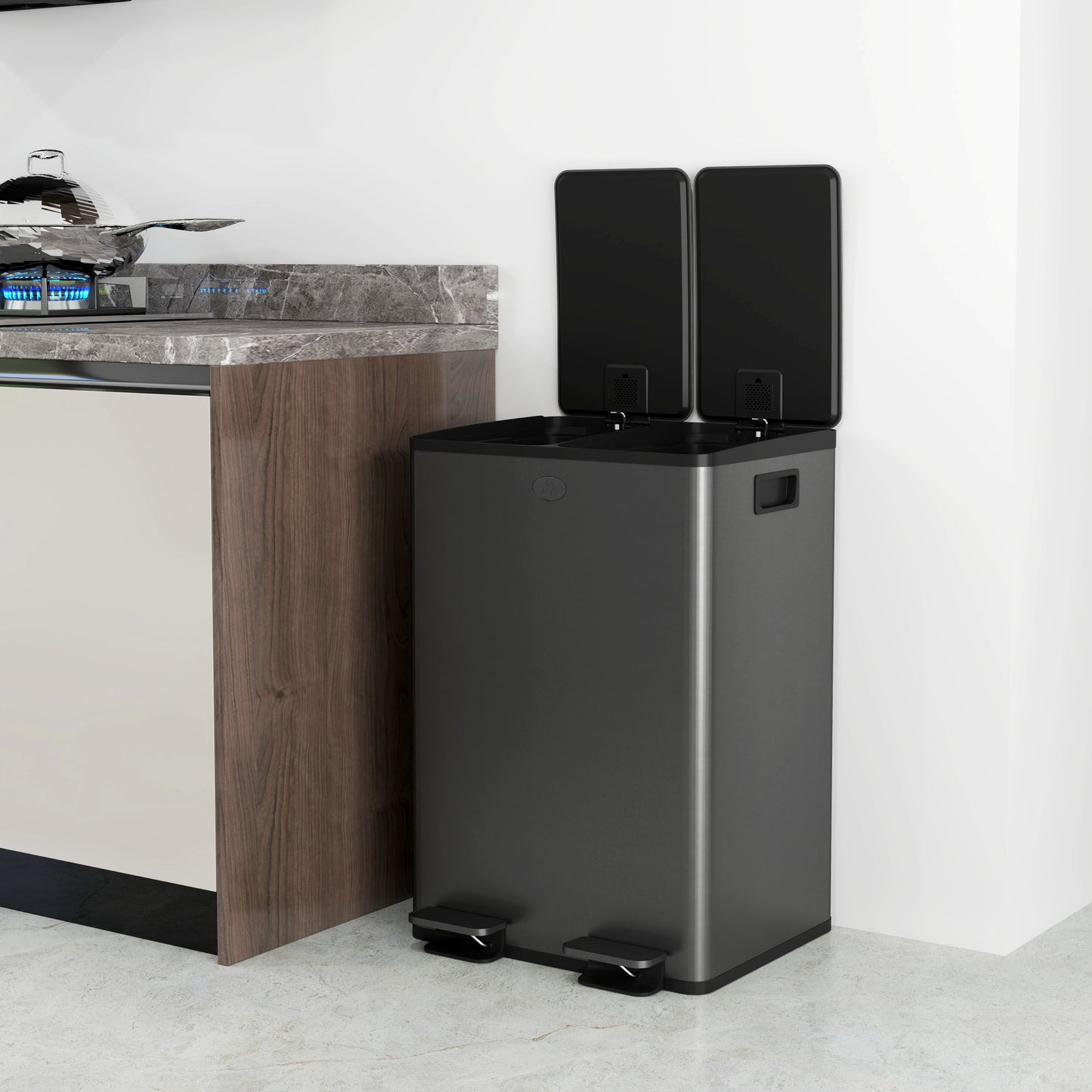 HOMCOM 56L Dual Compartment Stainless Steel Bin, with Deodoriser Holders - Black