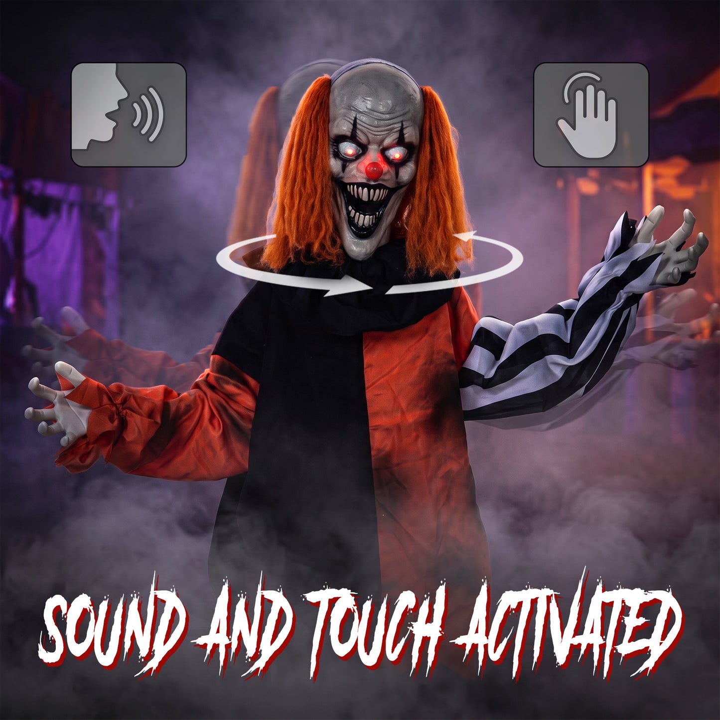HOMCOM Animated Halloween Face Changing Clown, Animatronic Joker with Cackling Sound, Glowing Eyes, Sound/Touch Activated