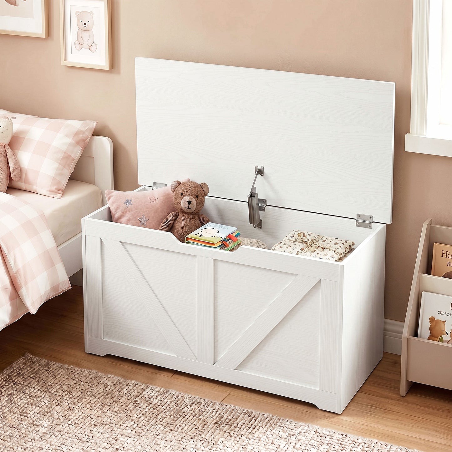 HOMCOM 100L Home Storage Box, with Safety Hinge - White Wood-Effect