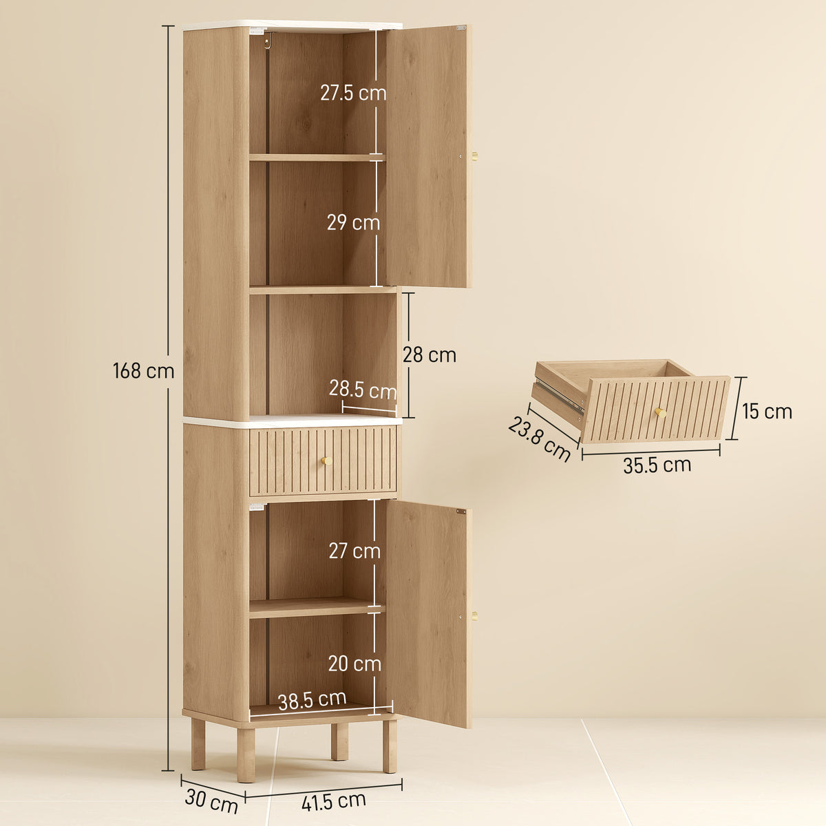 HOMCOM Slim Bathroom Cabinet with Silent Drawer Rail for Scandinavian, Japanese Styles - Wood-Effect-Bathroom Cabinets-ChewyGames-ChewyGames