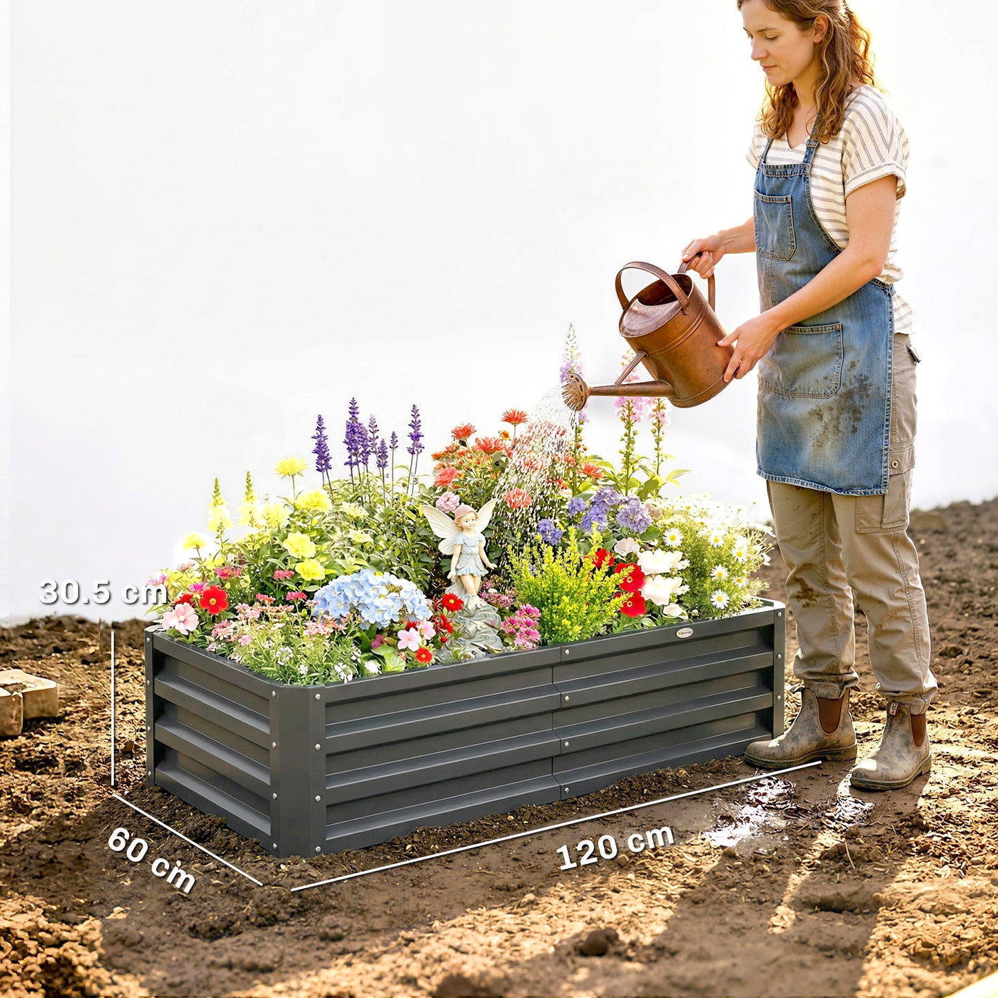 Outsunny Rectangle Raised Garden Bed Box with Weatherized Steel Frame for Vegetables, Flowers, & Herbs, 120 cm x 60 cm x 30.5 cm, Light Grey