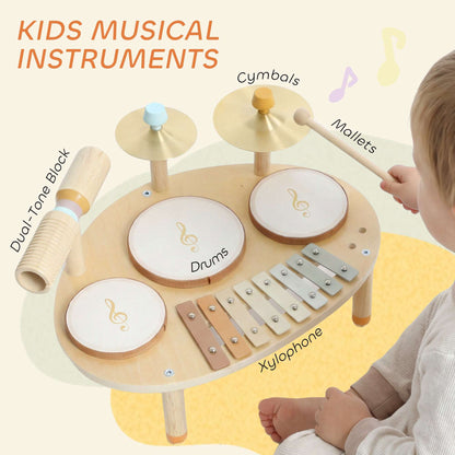 AIYAPLAY Baby Drum Kit, Wooden Kids Musical Instruments with Drums and Xylophone, Gifts for Girls Boys Birthday, Natural