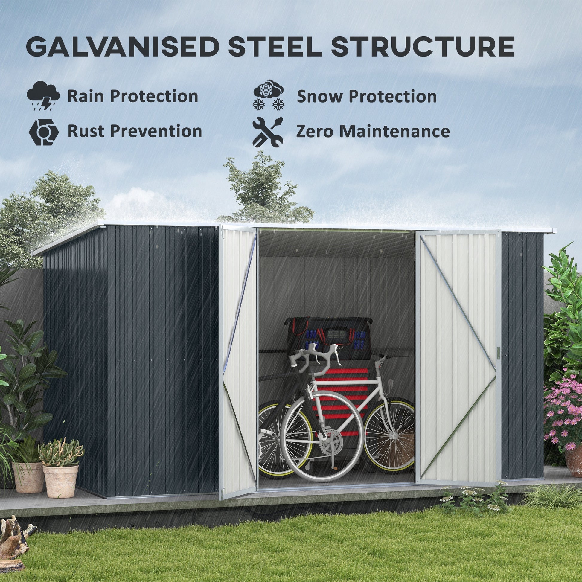 Outsunny 11 x 5.6ft Galvanised Steel Garden Shed, Metal Shed, Garden Storage Shed with Lockable Doors and Gloves for Outdoor Patio, Garden, Grey--ChewyGames-ChewyGames