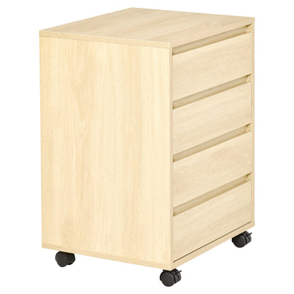 HOMCOM Four-Drawer Office Filing Cabinet, with Wheels - Natural Wood Finish