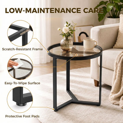 HOMCOM Round Side Table with Tempered Glass Top and Geometric Metal Frame for Small Space, Black