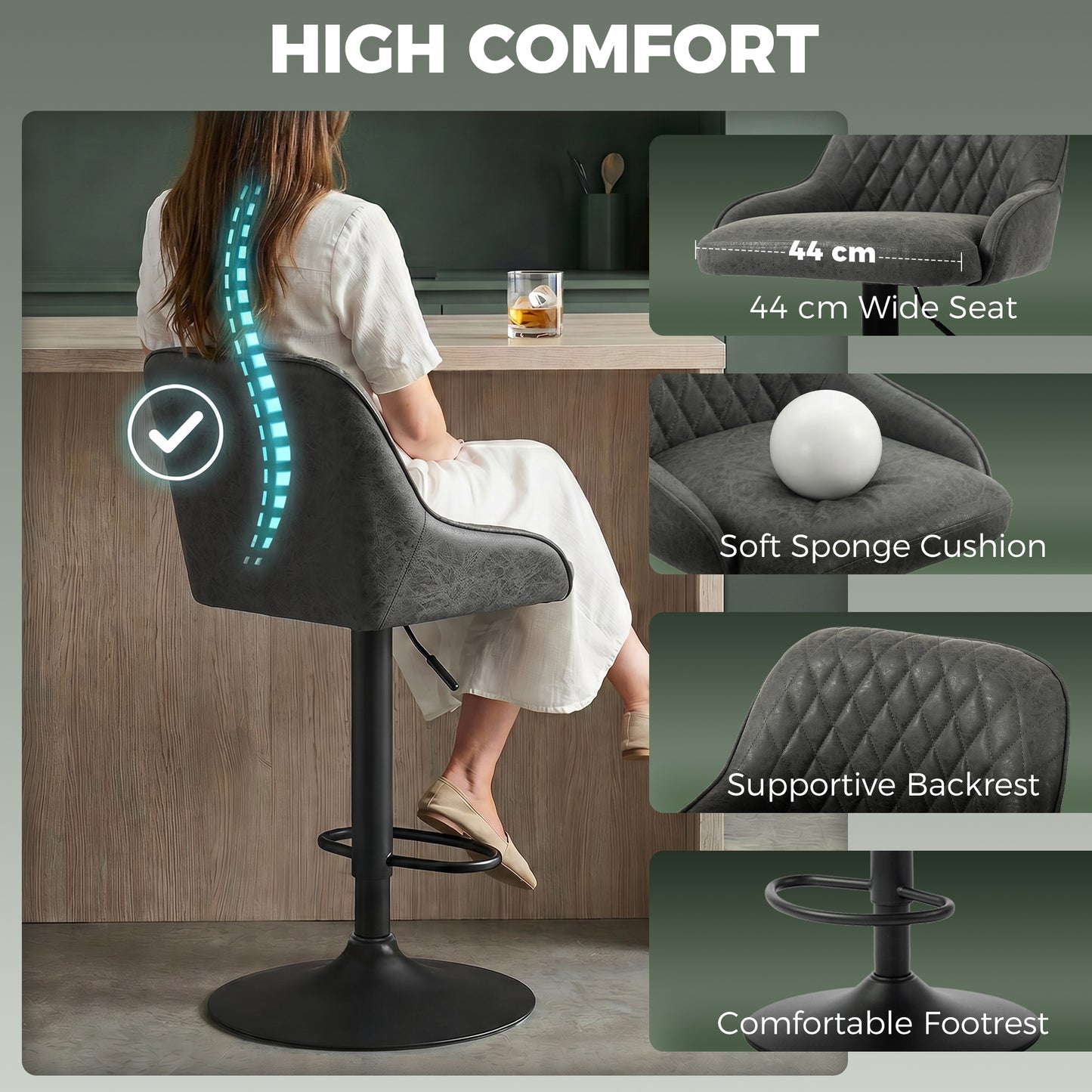 HOMCOM Bar Stools Adjustable Swivel Kitchen Chairs with Backrest Set of 2 for Kitchen Island Dark Grey