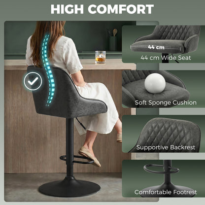 HOMCOM Bar Stools Adjustable Swivel Kitchen Chairs with Backrest Set of 2 for Kitchen Island Dark Grey