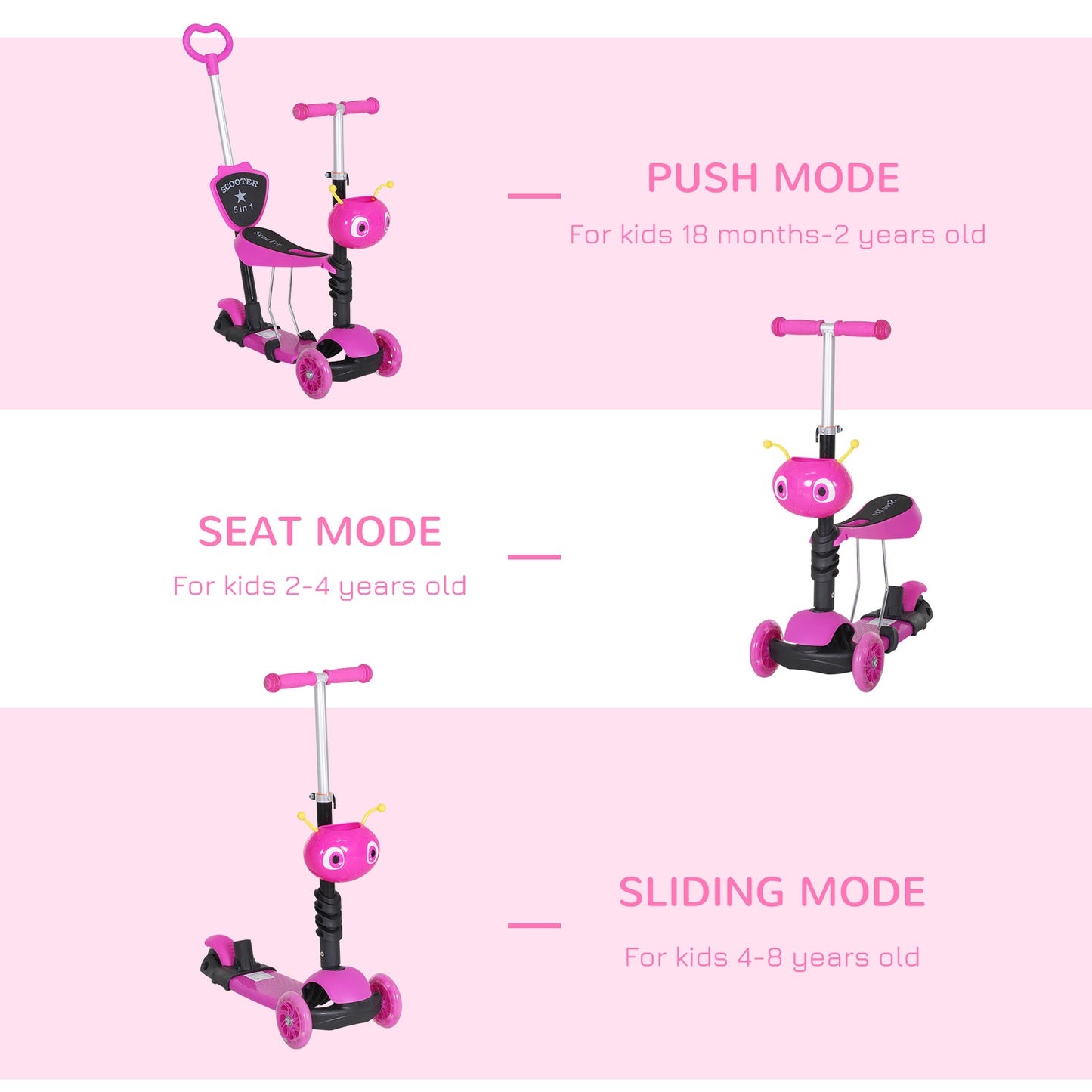 HOMCOM Adjustable Kids Toddler Scooter, with Removable Seat, Back Handle, Pink
