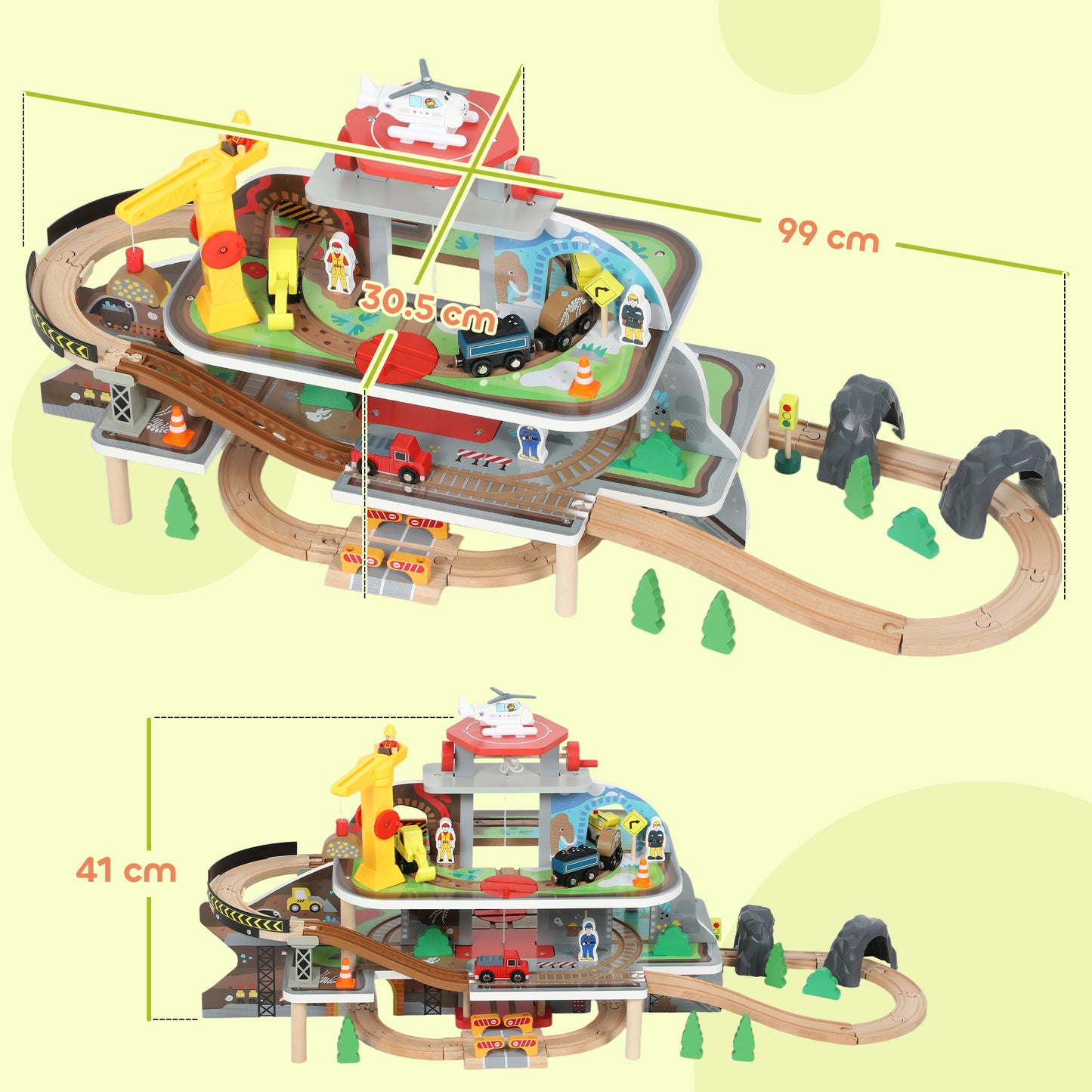 AIYAPLAY 79 Piece Wooden Train Set, Kids Train Track Mine Themed with Crane, Helicopter--ChewyGames-ChewyGames