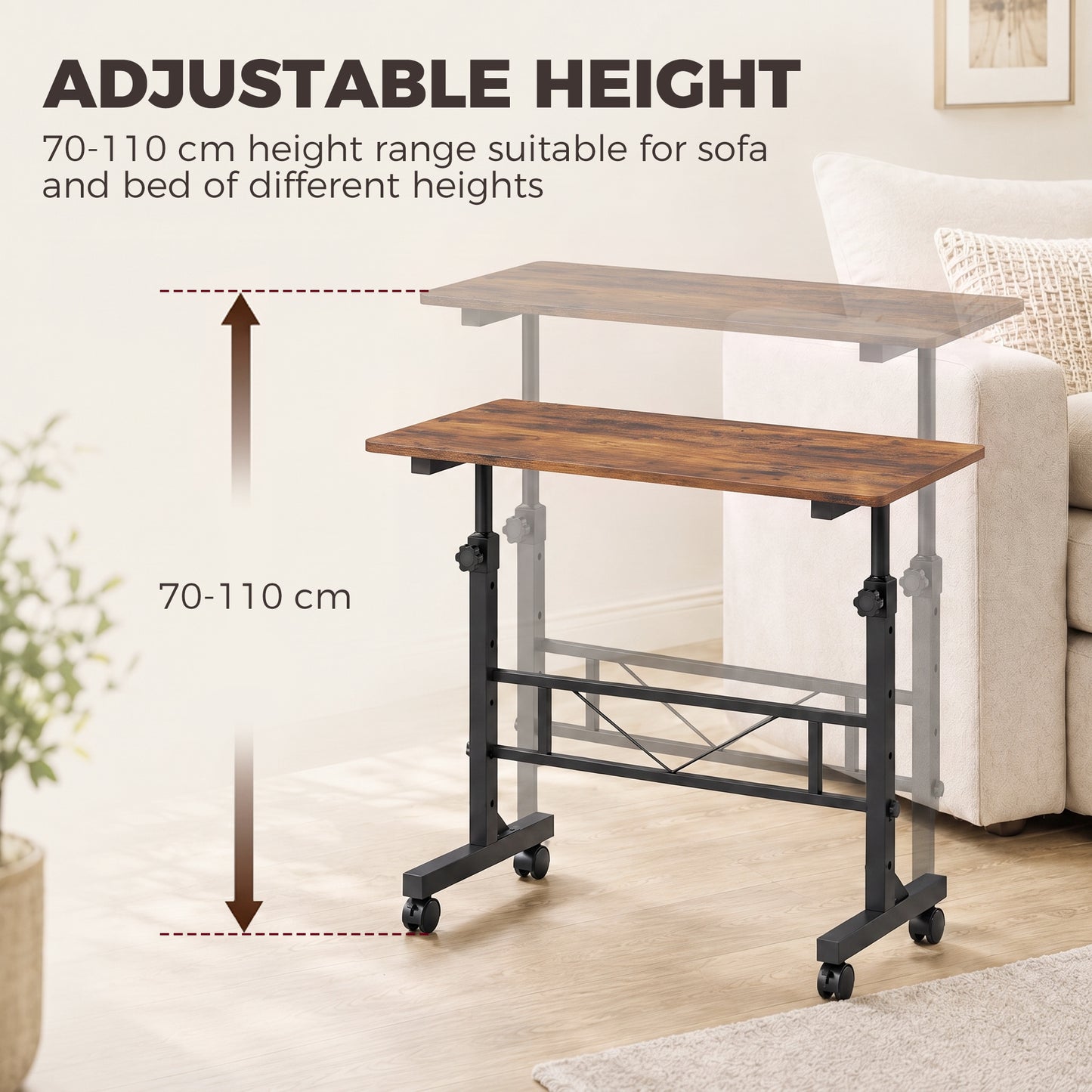 HOMCOM Overbed Table Adjustable Height Sofa Side Table with Wheels 80 x 40 cm Rustic Brown Black