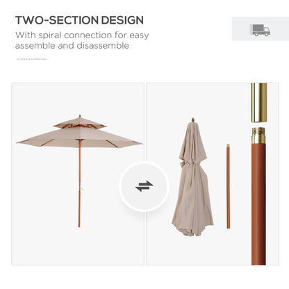 Outsunny 2.7m Wooden Parasol Elegant Two-Tier Design Garden Parasol Umbralle for Outdoor Shade, Beige