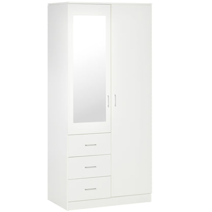 HOMCOM 2 Door 3 Drawer Mirrored Wardrobe with Hanging Rail, Modern Clothes Storage Cupboard with Mirror, Drawers and Adjustable Shelves for Bedroom, 80 x 50 x 180 cm, White