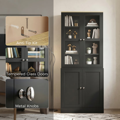 HOMCOM Modern Bookcase Display Storage Unit with Glass Doors Adjustable Shelves, Black