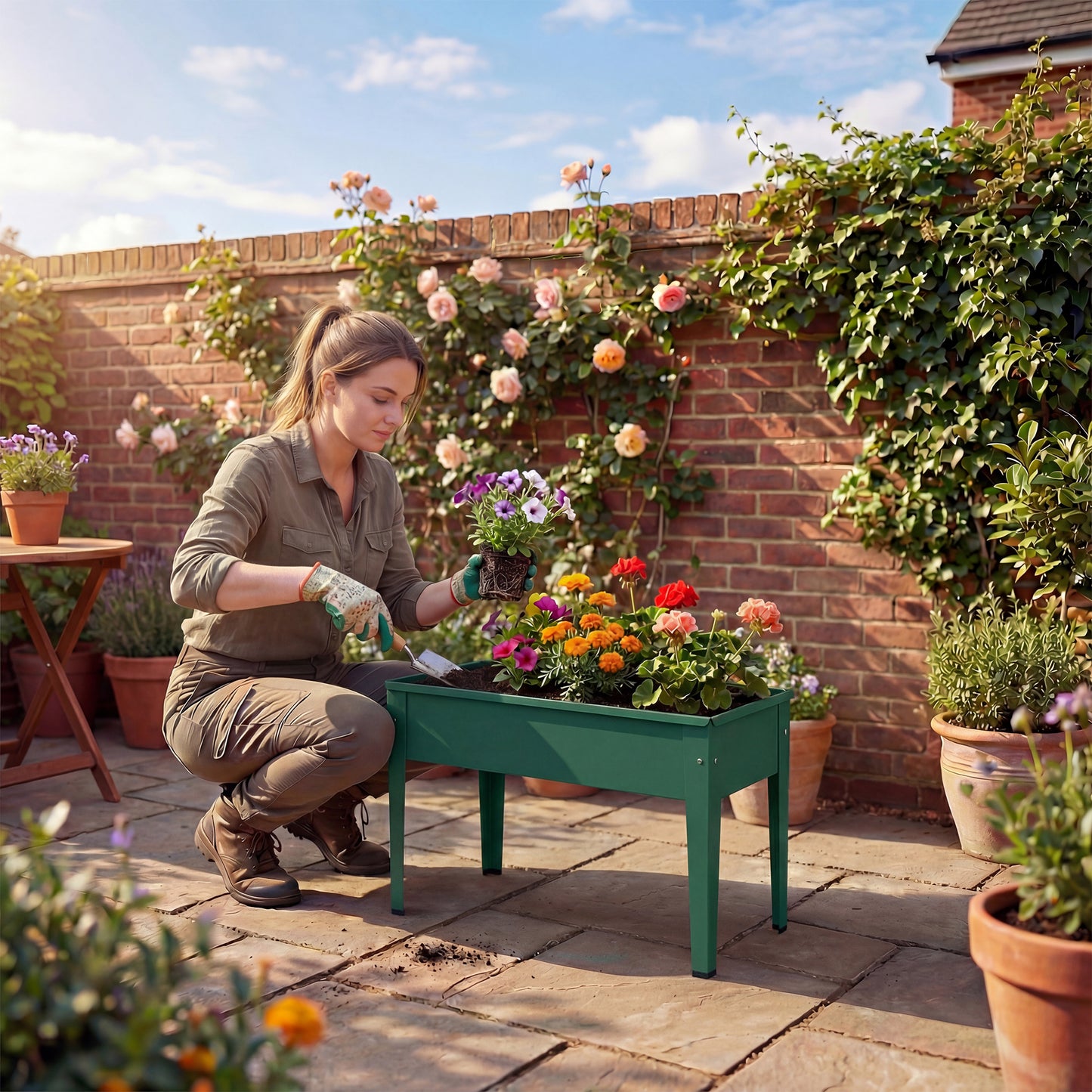 Outsunny Raised Planter, Metal Raised Garden Bed on Legs with Drainage Hole and Foot Covers, Green