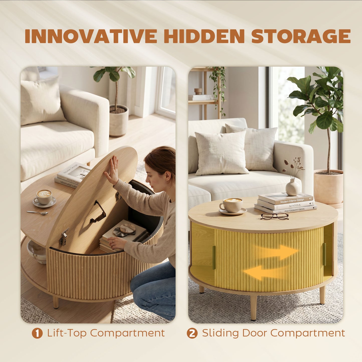HOMCOM Coffee Table with Lift Top and Hidden Storage, Round Centre Table with Fluted Sliding Door, 80 cm, Natural Wood