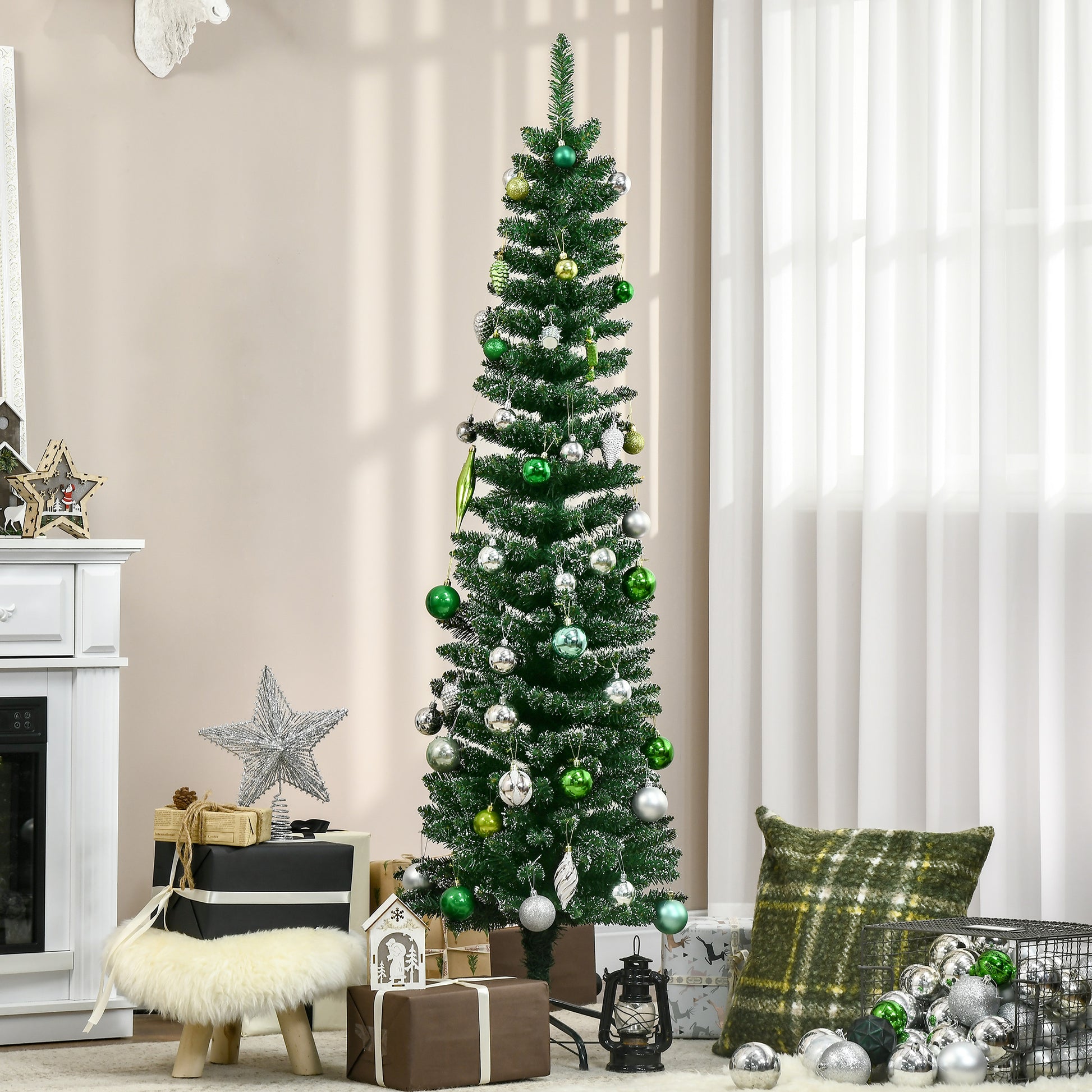 HOMCOM 5.5FT Artificial Snow Dipped Christmas Tree Xmas Pencil Tree Holiday Home Indoor Decoration with Foldable Black Stand, Green--ChewyGames-ChewyGames