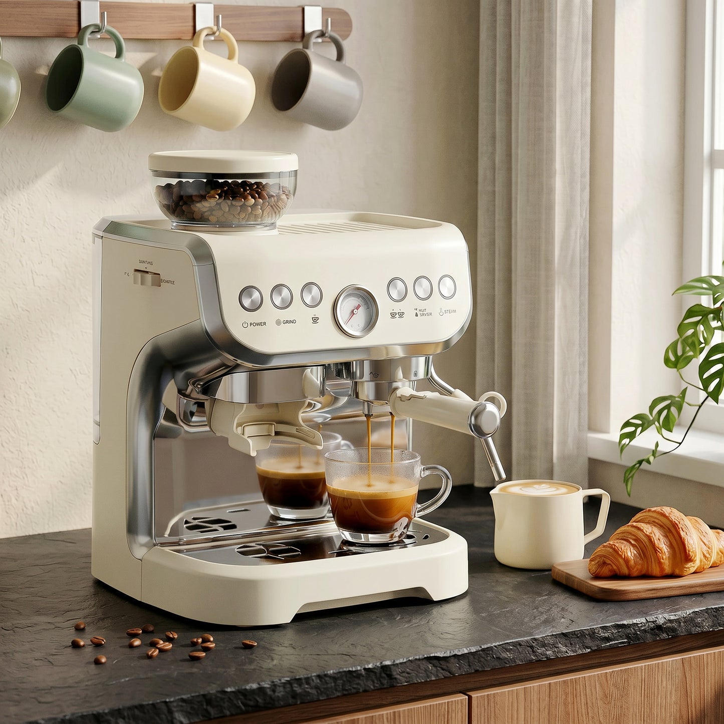 HOMCOM 15 Bar Coffee Machine, with Adjustable Grind, Steamer and Accessories - Cream White