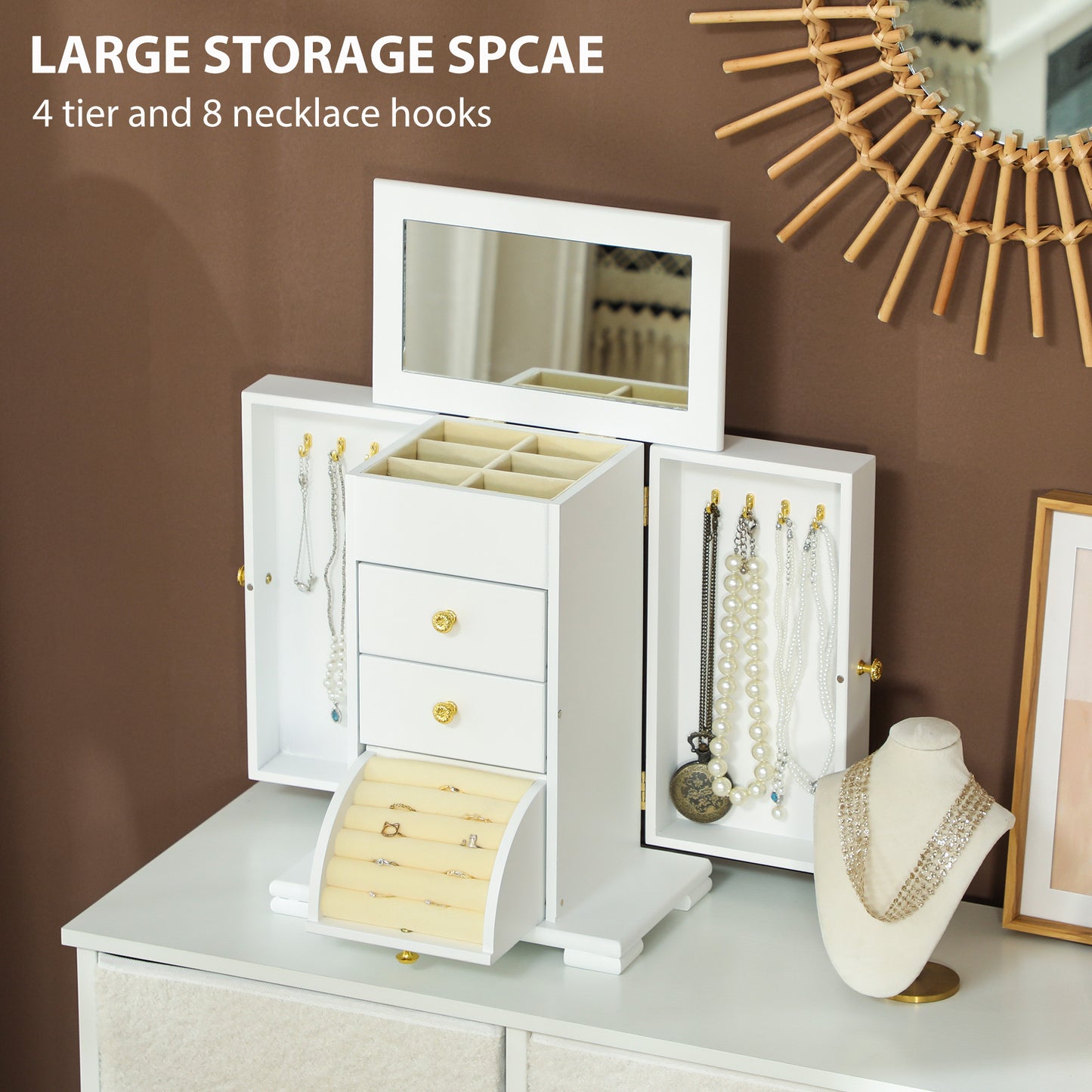 HOMCOM 4-Tier Jewellery Box with Mirror and 2 Drawers - White