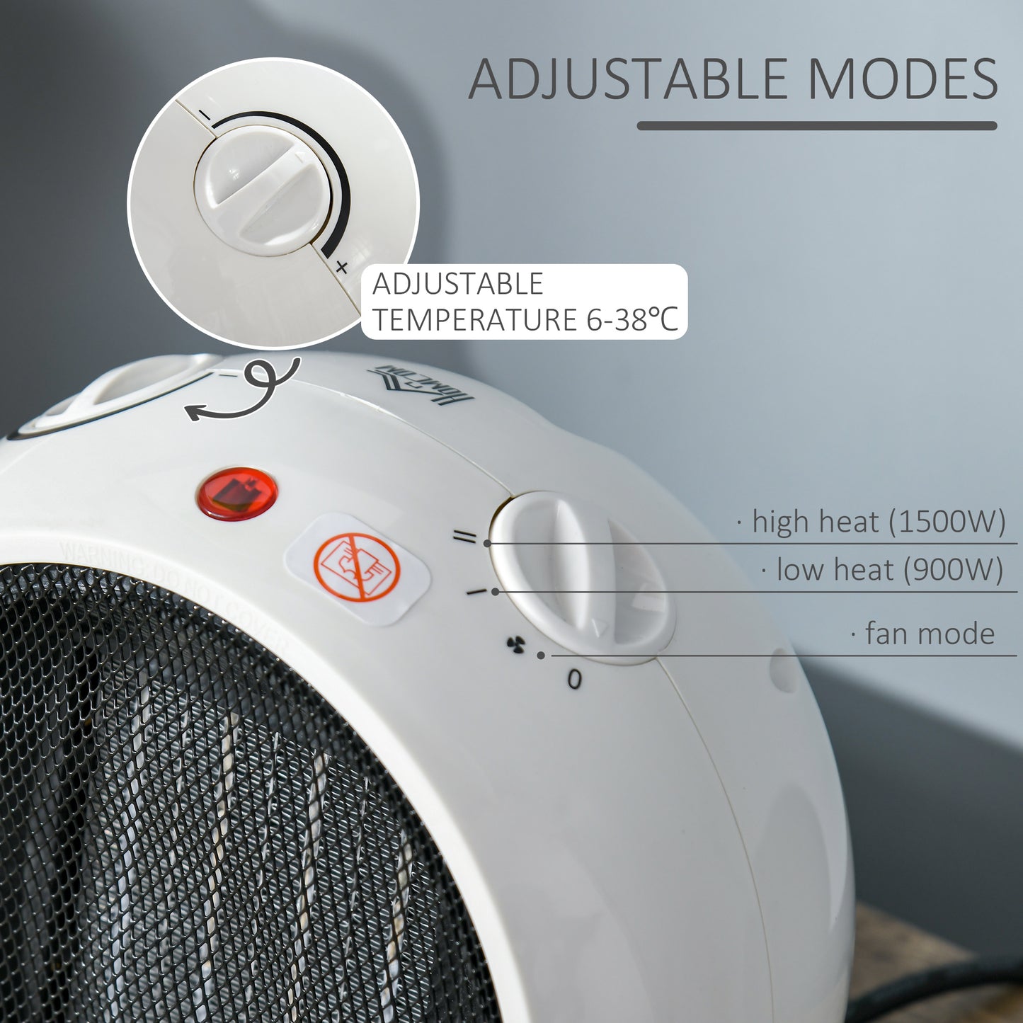 HOMCOM 1500W Small Space Heater, Ceramic Electric Plug in Fan Heater with 3 Heat Setting, Adjustable Temperature, Tip-Over, Overheating Protection, Low Energy, White