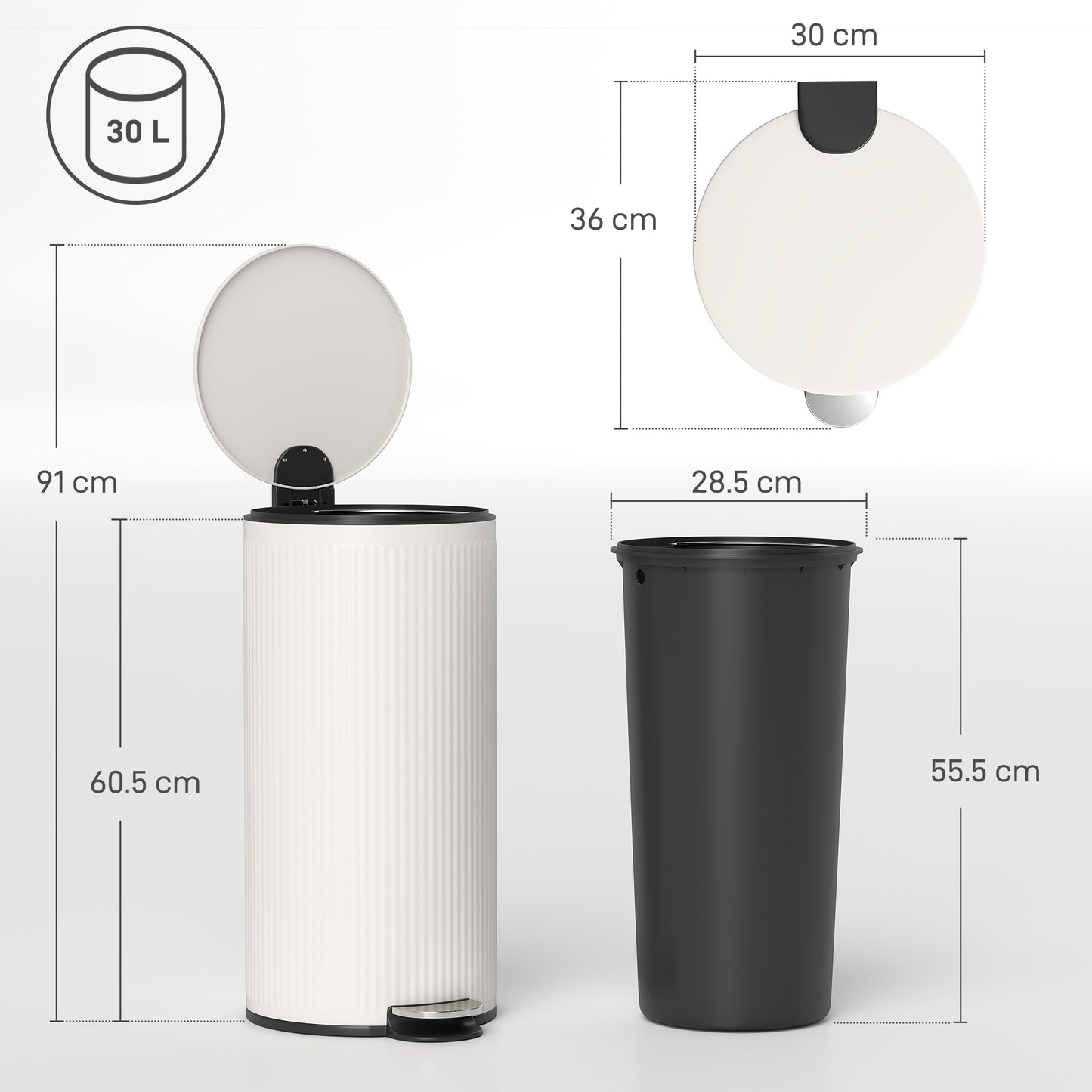 HOMCOM Kitchen Bin, 30 Litre Pedal Rubbish Bin with Removable Bucket, Cream--ChewyGames-ChewyGames