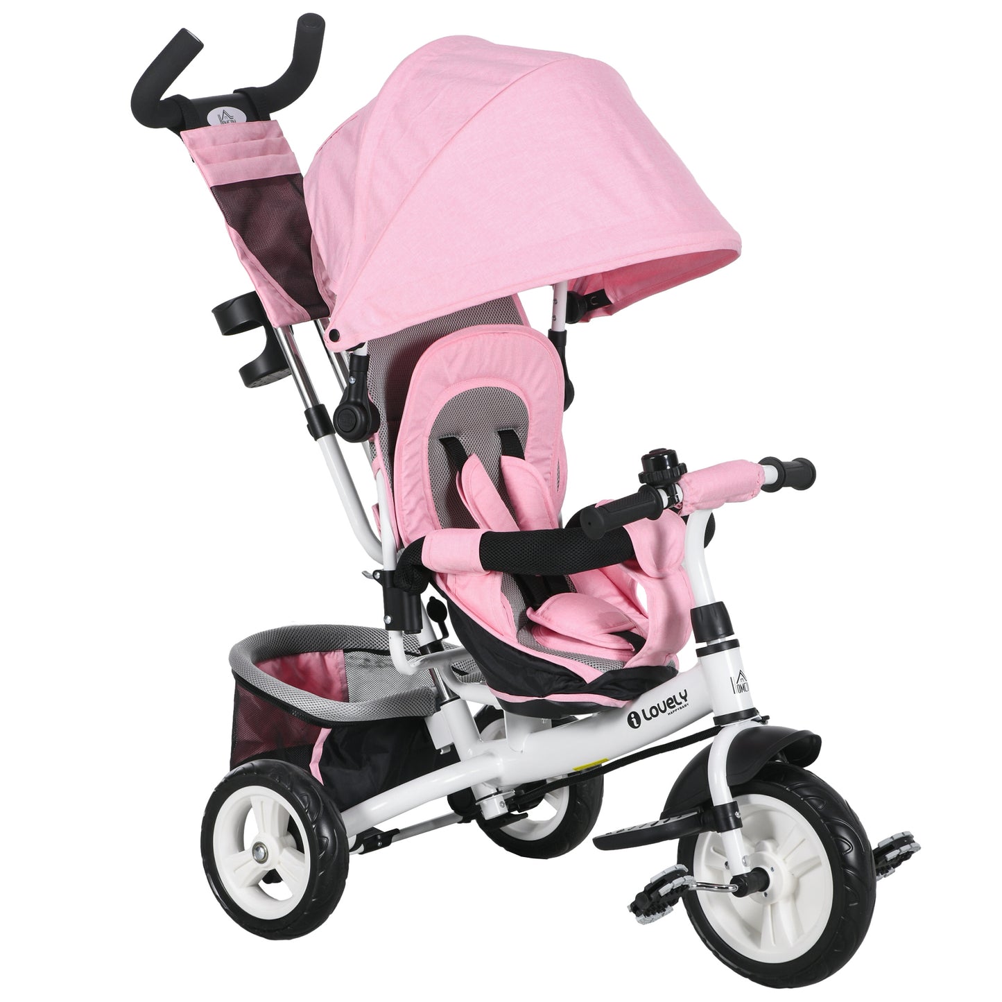 HOMCOM 6 in 1 Kids Trike with Parent Handle, Canopy, 5-point Seat Belt, Storage, Footrest, Brake, for 1-5 Years, Pink