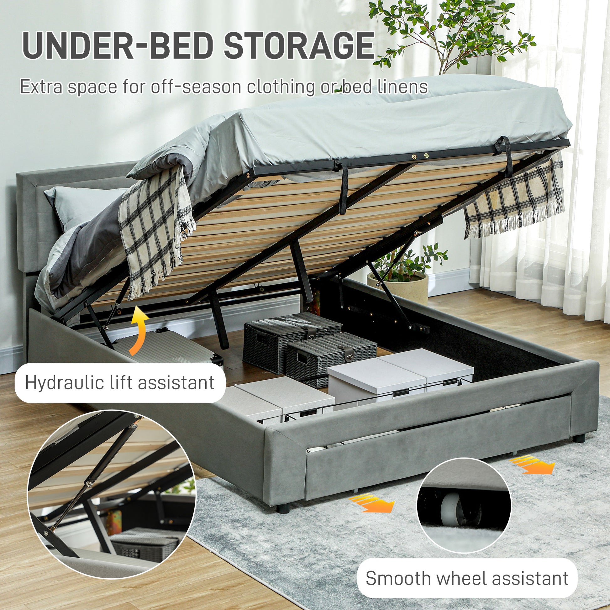 HOMCOM Double Size Ottoman Bed Frame 140W x 193.5D x 95Hcm with Front Drawer - Grey--ChewyGames-ChewyGames