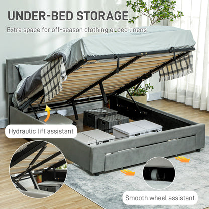 HOMCOM Double Size Ottoman Bed Frame 140W x 193.5D x 95Hcm with Front Drawer - Grey--ChewyGames-ChewyGames