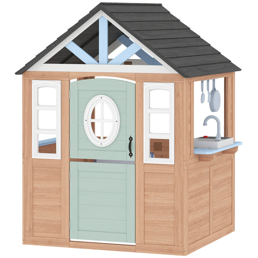 AIYAPLAY Wooden Playhouse for Kids, Wendy House with Pet Door, Play Kitchen, Half Door and Windows for Indoor Outdoor, Ages 2+