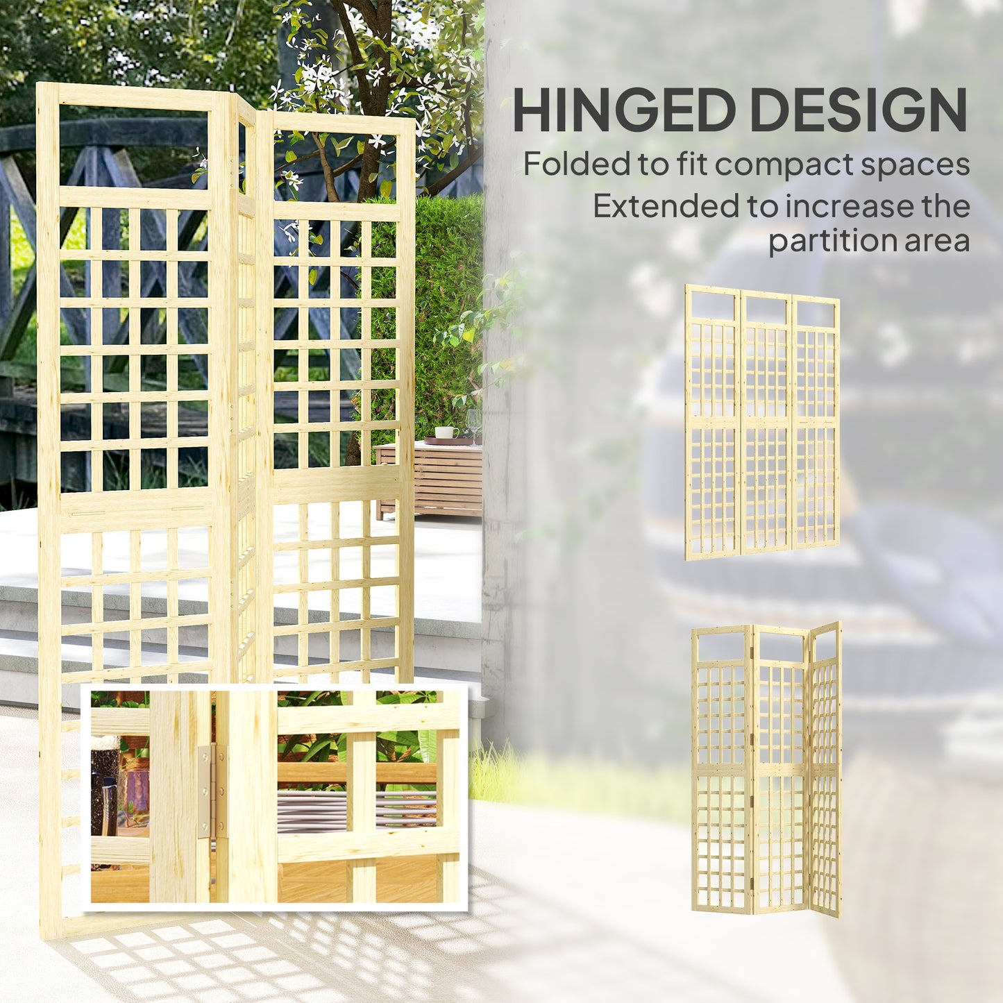 Outsunny 3-Panel Garden Privacy Screen, Freestanding Foldable Wooden Outdoor Divider/Trellis, Decorative Privacy Screen for Garden Patio, 120 x 170 cm, Natural Wood Finish