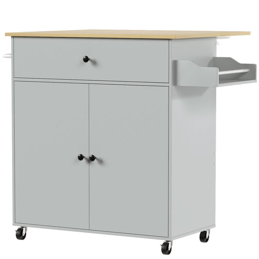 HOMCOM Kitchen Island with Drop Leaf, Rolling Kitchen Storage Trolley on Wheels with Drawer, Spice Rack and Towel Rack, Grey