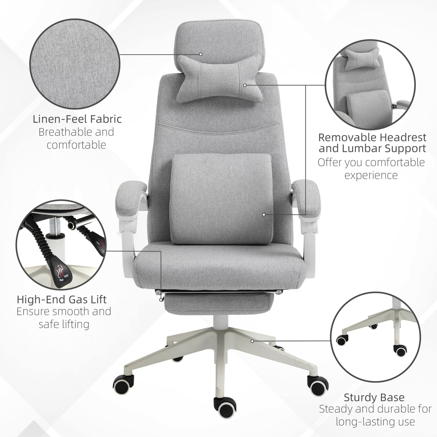 Vinsetto Office Chair, High Back Fabric Work Chair with 160° Reclining Backrest, Retractable Footrest, Neck and Lumbar Pillow, Light Grey