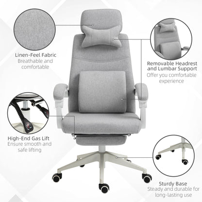 Vinsetto Office Chair, High Back Fabric Work Chair with 160° Reclining Backrest, Retractable Footrest, Neck and Lumbar Pillow, Light Grey