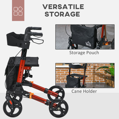 HOMCOM Rollator Walker with Seat, Compact Quick Folding Mobility Walker with 8" Wheels, Carry Bag, Adjustable Height, Cane Holder and Lightweight Aluminium Frame for Seniors and Disabled, Red