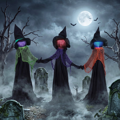 HOMCOM 120cm Witches Holding Hands Halloween Decorations Outdoor Indoor, Scary Halloween Witch Decor with Light-Up Heads