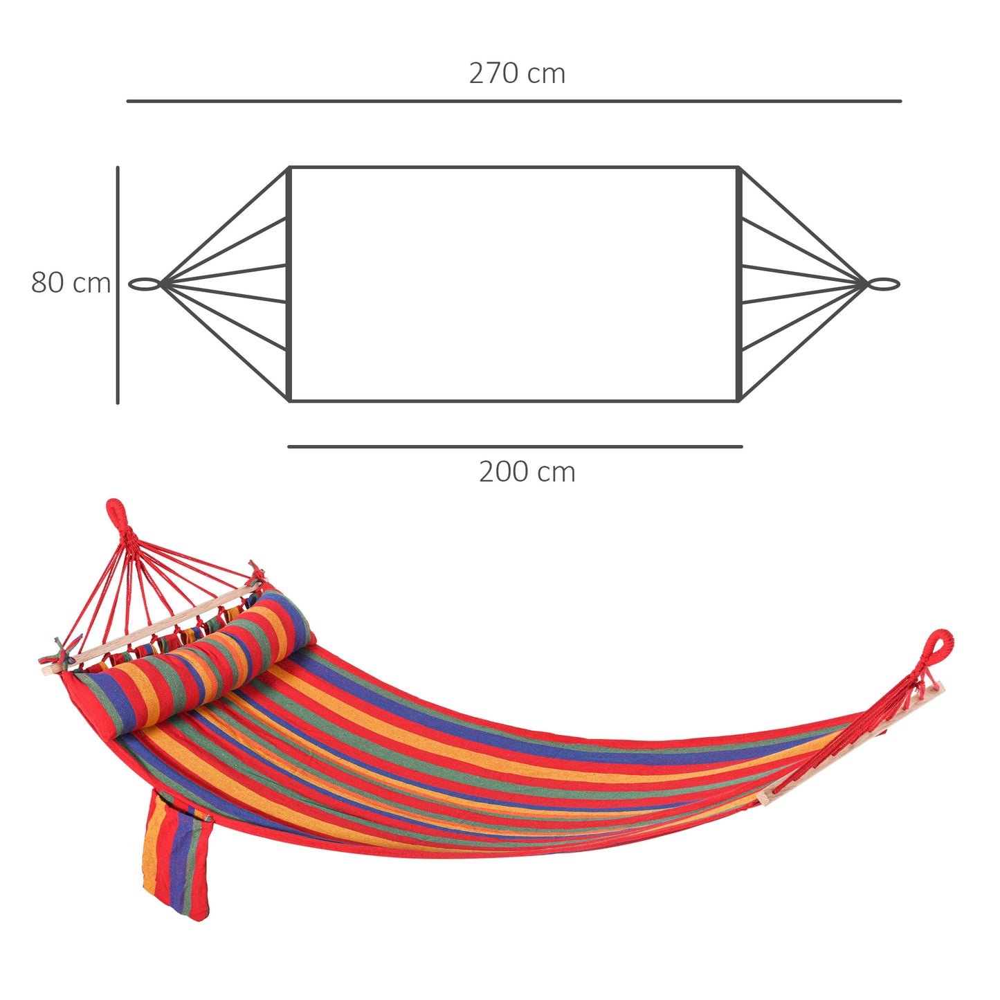 Outsunny Cotton Hammock, Soft Portable Swing Sleeping w/ Headrest & Side Pocket, Deluxe Swing Chair for Beach, Garden, Bedroom, Patio, Porch, Indoor, Outdoor, 270 x 80 cm, Rainbow Stripes