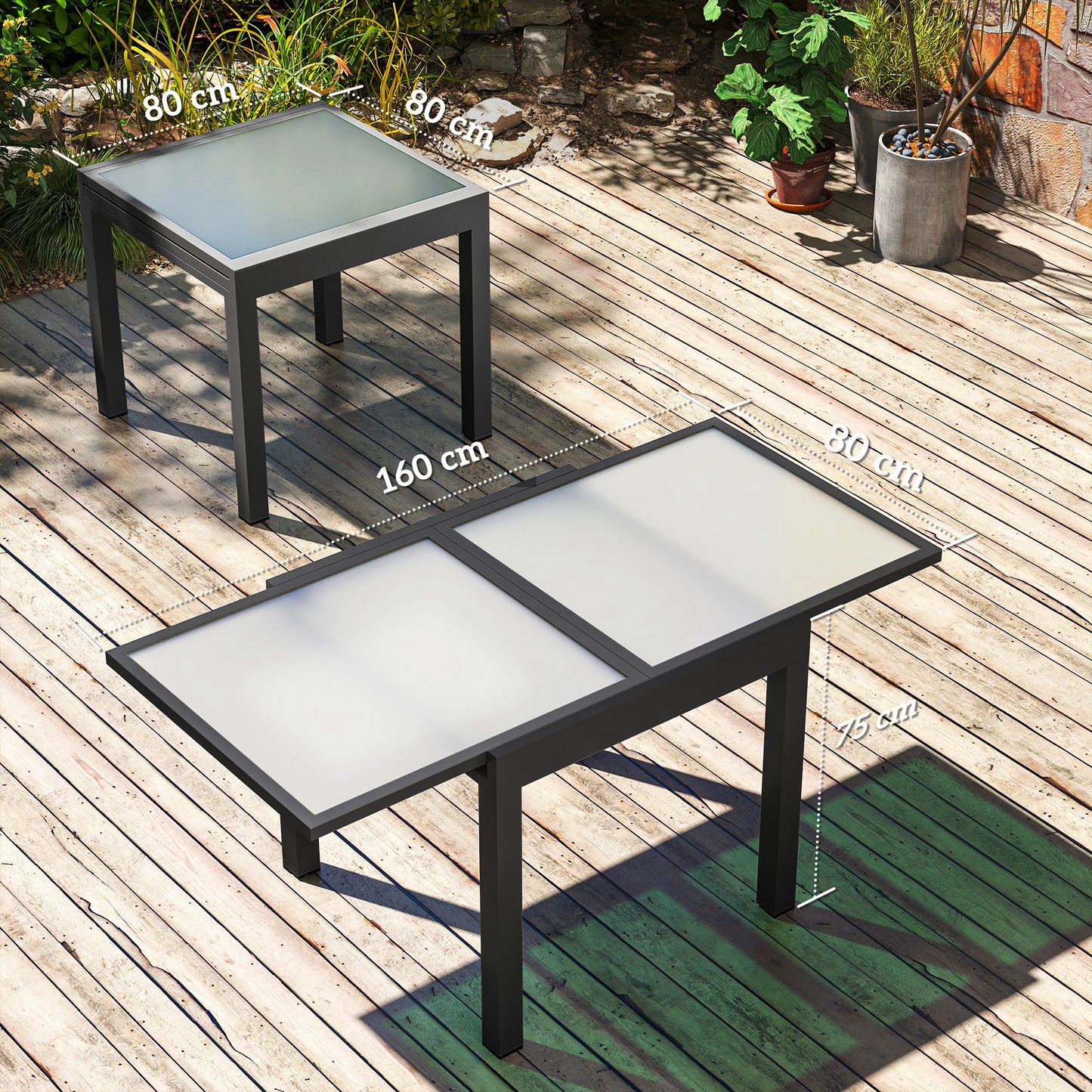 Outsunny Extending Garden Table, Outdoor Dining Table with Aluminium Frame and Tempered Glass Tabletop, 80/160 x 80 x 75 cm, Black and Clear
